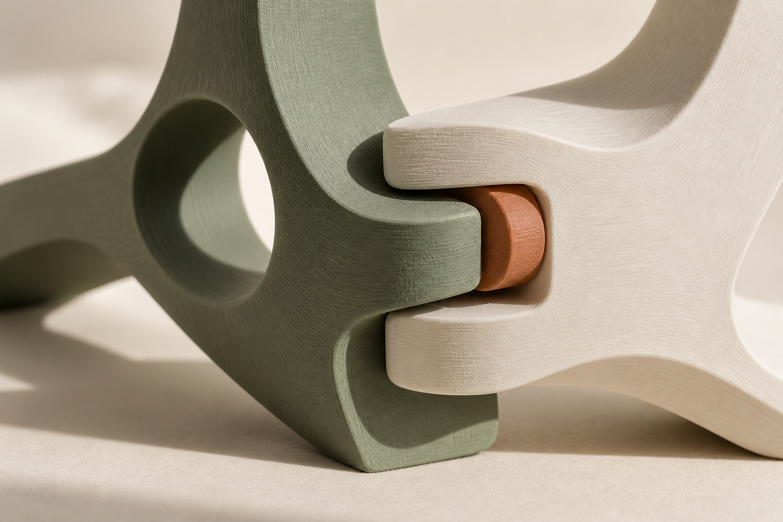Exploración conceptual de dos piezas con textura estriada unidas por un detalle naranja.